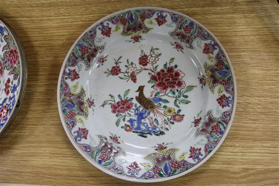 Five assorted 18th century Chinese famille rose plates, 9in.